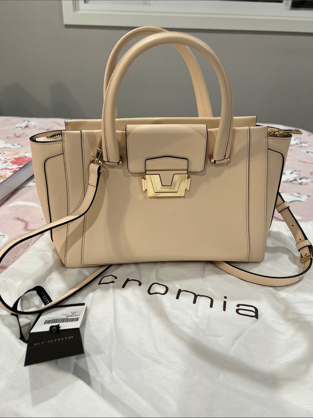Cromia Nude Leather Top-Handle Satchel with Gold Hardware